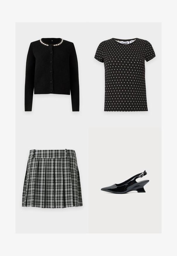 Sort strikket cardigan med lange ærmer, rund halsudskæring og knaplukning. Har en dekorativ krave af sølvkæde. Blød tekstur.; Sort kortærmet t-shirt med hvide polkaprikker, rund halsudskæring og lige kant.; Sort-hvidt ternet plisseret nederdel med en glat talje og flere lodrette folder. Fremstillet af let stof.; Sort laklæder slingback sko med spids tå og lav vinklet blokhæl på ensartet lys baggrund.