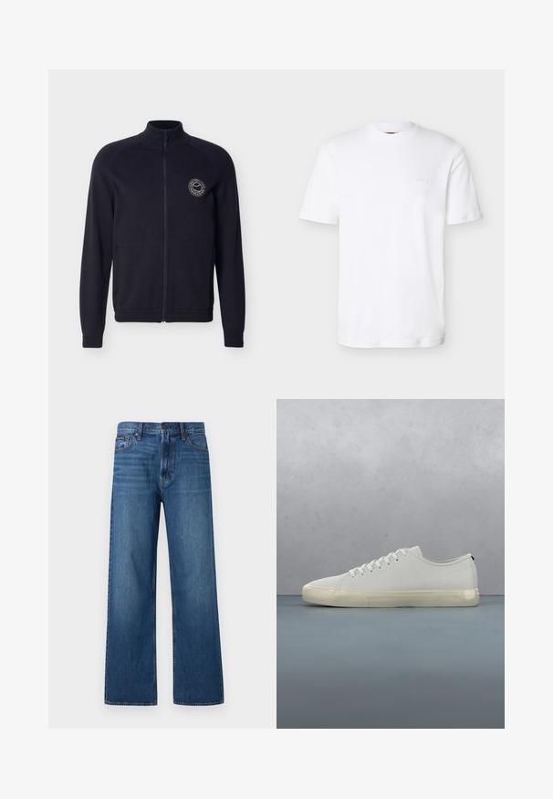 Veste zippée intégrale bleu marine avec col montant, deux poches avant et petit logo circulaire sur la poitrine gauche.; T-shirt blanc uni à manches courtes et col rond avec logo "BOSS" discrètement embossé sur le côté gauche de la poitrine.; Jean bleu à taille haute et coupe droite, avec bouton et fermeture éclair à l'avant, cinq poches, et un petit patch de marque sur la poche droite.; Baskets en cuir blanc avec lacets flottant au-dessus de carreaux en bois carrés et de petits cailloux, avec un arbre et un fond gris.