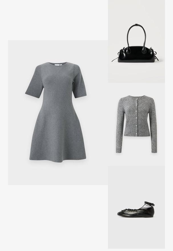Cardigan en tricot gris avec manches longues, col rond et patte à six boutons. Présente un ourlet côtelé et une texture tout au long du tissu.; Robe grise à manches courtes en ligne A avec encolure ronde et tissu en tricot texturé, conçue pour un haut ajusté et une jupe évasée.; Ballerines en cuir verni noir avec un bout rond, un design à lacets et une semelle plate. Texture lisse avec peu de détails.; Petit sac à main noir brillant avec deux longues anses et des détails à cordon sur les côtés sur un fond clair uni.