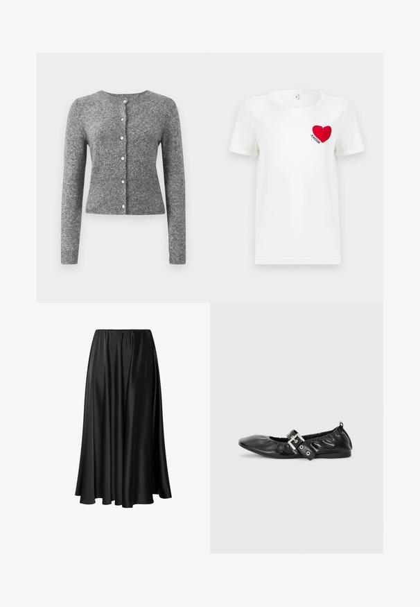 Cardigan en tricot gris avec manches longues, col rond et patte à six boutons. Présente un ourlet côtelé et une texture tout au long du tissu.; T-shirt blanc à manches courtes avec un cœur rouge et le mot "AMOUR" imprimé sur la zone gauche de la poitrine.; Jupe maxi noire en tissu lisse, dotée d'une taille élastique, d'une silhouette ample et d'un ourlet fluide sans motifs ni détails visibles.; Chaussure plate en cuir noir avec un nez pointu, des détails froncés autour de l'ouverture et un accent en boucle argentée sur la bride ajustable.