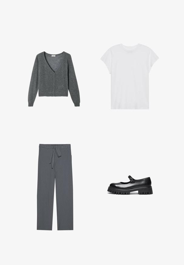 Suéter cardigans gris hecho de una tela suave, con un profundo escote en V, mangas largas, cierre frontal de botones y detalles de dobladillo acanalados.; Camiseta blanca de manga corta con cuello redondo, corte relajado, hecha de suave tela de algodón. Textura lisa, sin estampados ni logotipos.; Pantalones gris a rayas con una cinturilla elástica, detalle de lazo y corte suelto. Fabricados con una tela suave, presentan rayas verticales.; Zapato negro de cuero estilo Mary Jane con punta redonda, correa en el tobillo y suela de goma gruesa con detalles estriados.