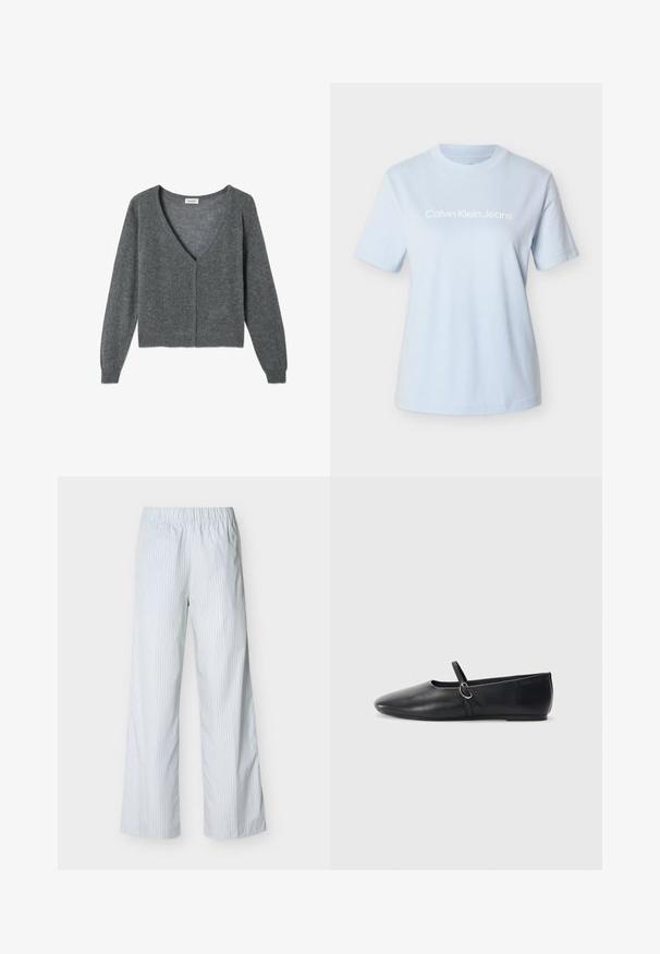 Grauer Cardigan aus weichem Stoff, mit tiefem V-Ausschnitt, langen Ärmeln, Knopfleiste vorne und gerippten Saumdetails.; Hellblaues Baumwoll-T-Shirt mit kurzen Ärmeln und Rundhalsausschnitt, auf dem das "Calvin Klein Jeans"-Logo in Weiß deutlich sichtbar ist.; Weiße Hose mit dünnen vertikalen blauen Streifen, elastischem Bund, geradem Bein und leichtem Stoff für den Freizeitgebrauch.; Schwarze Leder-Ballettschuhe mit spitzem Schuhzeug, flacher Sohle und einem kleinen Riemen mit silberner Schnalle.