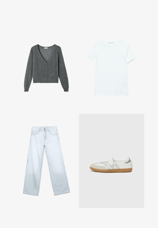 Grauer Cardigan aus weichem Stoff, mit tiefem V-Ausschnitt, langen Ärmeln, Knopfleiste vorne und gerippten Saumdetails.; Schlichtes weißes Baumwoll-T-Shirt mit kurzen Ärmeln und Rundhalsausschnitt, flach auf weißem Hintergrund dargestellt, ohne sichtbare Muster oder Logos.; Hellblaue Jeans mit weitem Bein, Vordertaschen, Gürtelschlaufen und einer Knopfverschluss vor weißem Hintergrund.; Weißer Sneaker mit silbernen Streifen, Wildlederzehenkappe und Klettverschluss. Texturierte Gummisohle in Karamellfarbe. Minimalistisches Design mit glatter Oberfläche.