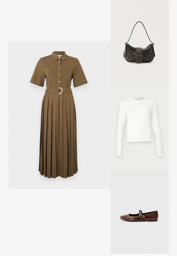 Cardigan blanc à manches longues, à boutons, avec un col rond, coupe slim et étiquette discrète de la marque GAP à l'intérieur du col.; Robe chemise marron à manches courtes avec col, fermeture à boutons, taille cintrée avec ceinture dotée d'une boucle ronde en métal, et jupe plissée.; Ballerine en cuir verni marron avec un bout carré et une lanière ornée d'une petite boucle dorée. Texture lisse, talon bas et design minimaliste.; Sac à épaule en cuir noir avec une sangle à boucle, des bords arrondis et des coutures blanches contrastées sur un fond uni.