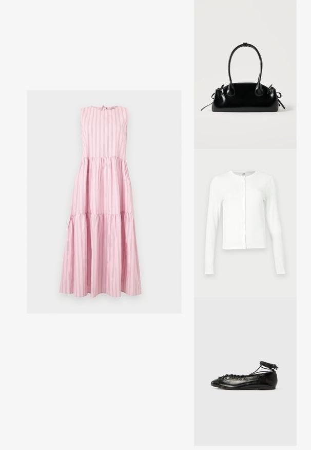 Cardigan blanc à manches longues, à boutons, avec un col rond, coupe slim et étiquette discrète de la marque GAP à l'intérieur du col.; Robe maxi rose sans manches avec fines rayures verticales, jupe à volants et petit détail noué au col rond.; Ballerines en cuir verni noir avec un bout rond, un design à lacets et une semelle plate. Texture lisse avec peu de détails.; Petit sac à main noir brillant avec deux longues anses et des détails à cordon sur les côtés sur un fond clair uni.