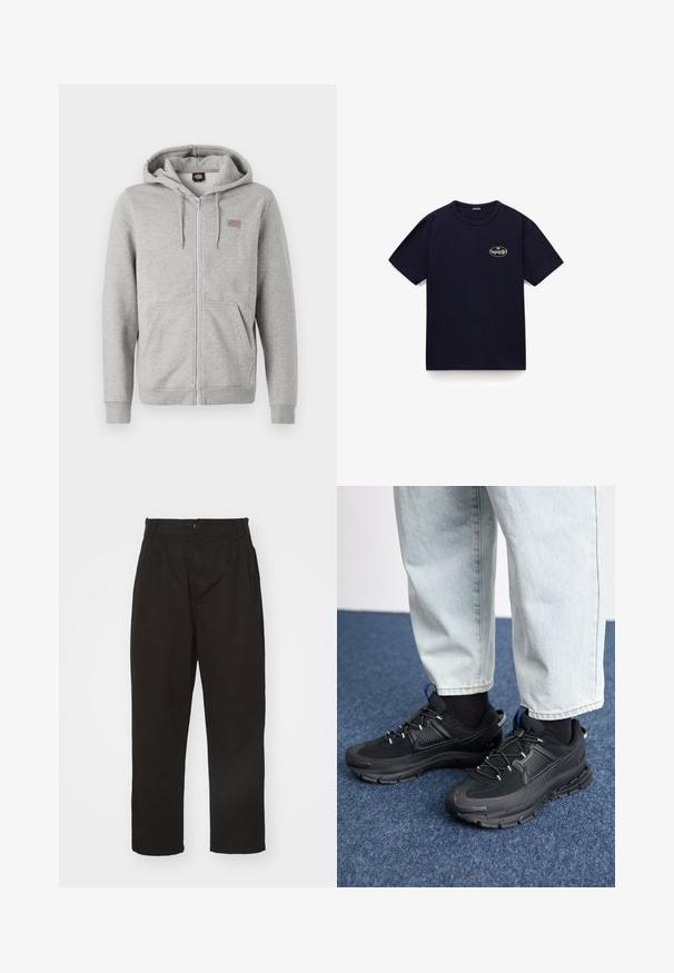 Grå zip-up hættetrøje lavet af blød bomuldsblanding. Har snoretræk i hætten, to forlommer og et lille logo på brystet.; Marineblå bomulds T-shirt med korte ærmer, rund halsudskæring og et lille hvidt logo på venstre bryst. Glat tekstur og klassisk pasform.; Sorte bukser lavet af glat stof, med knaplukning, lige pasform og to frontfolder for ekstra detalje.; Sorte træningssko med tekstureret stof og gummisåler, udstyret med elastiske snørebånd og en blå detalje på hælen. Bæres med lyse denimbukser.