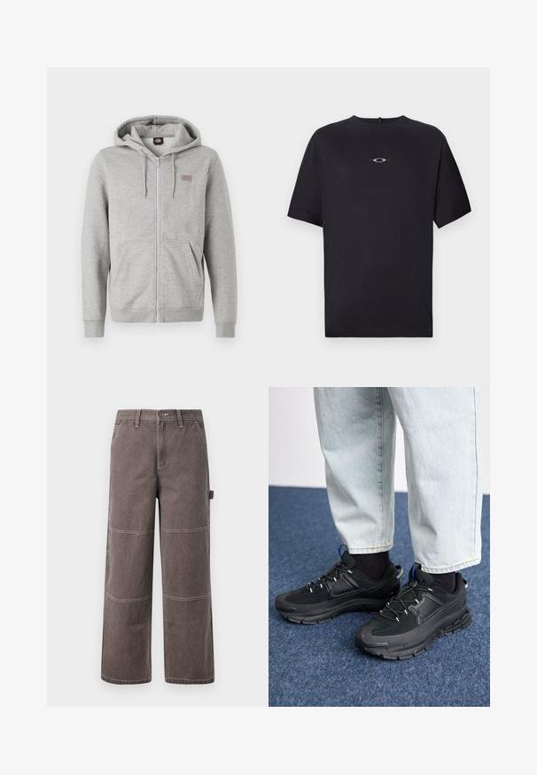 Harmaa vetoketjuhuppari, joka on valmistettu pehmeästä puuvillasekoitteesta. Siinä on nyörillä varustettu huppu, kaksi etutaskua ja pieni logo rinnassa.; Oakley STACKED TEE - Printtipaita - blackout; Haalari leveät housut haalistuneessa ruskeassa värissä, valmistettu kestävästä kankaasta, jossa on kontrastiväriset tikkaus. Ominaisuuksiin kuuluvat paneelityöstö ja sivutasku.; Mustat urheilukengät, joissa on teksturoitu kangas ja kumipohjat, elastiset nauhat ja sininen yksityiskohta kannassa. Yhdistetty vaaleisiin farkkuihin.