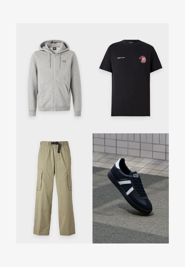 Halli halli, mis on valmistatud pehmest puuvillasegusest. Omab nööriga kapuutsi, kahte esist taskut ja väikest logo rinnal.; Replay SHORT SLEEVE GRAPHIC - Trükipildiga T-särk - black; Heledad oliivrohelised cargo püksid elastse vöökoha ja vööga, kaks külge taskut ja sile tekstuur, loodud mugavuse ja funktsionaalsuse jaoks.; Must have musta sneaker musta valgete triipudega, tekstuurne kummitald ja nööridega esiosa. Omab bränditud märki keele peal.