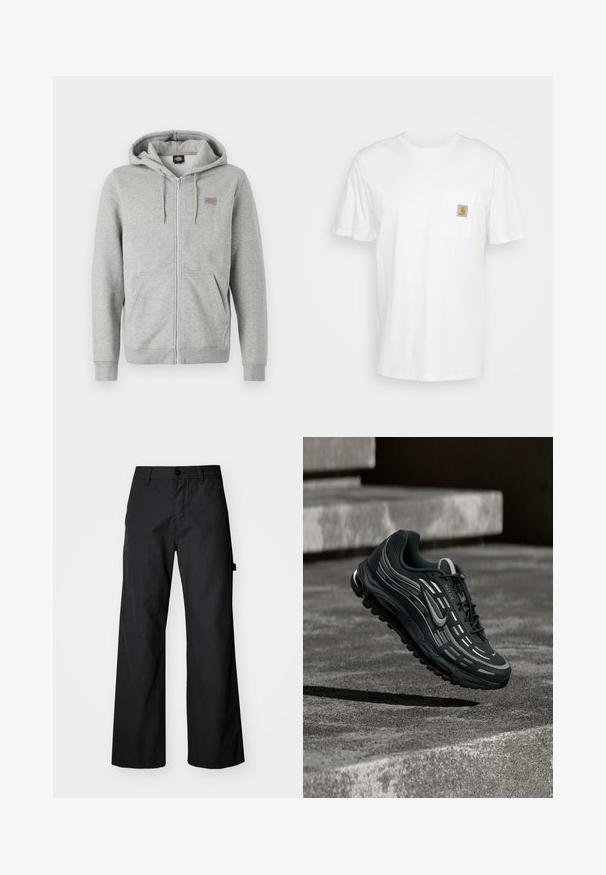 Grå zip-up hættetrøje lavet af blød bomuldsblanding. Har snoretræk i hætten, to forlommer og et lille logo på brystet.; Hvid bomulds T-shirt med korte ærmer, en brystlomme, og et lille firkantet logo patch i orange og hvid på lommen.; Svarte breddebenede bukser fremstillet af holdbart stof. Har en knaplukning og sidelommer. Glat tekstur med et enkelt design.; Sort og grå Nike Air Max sneaker, der flyder over grå betontrin med tekstureret jordbaggrund.