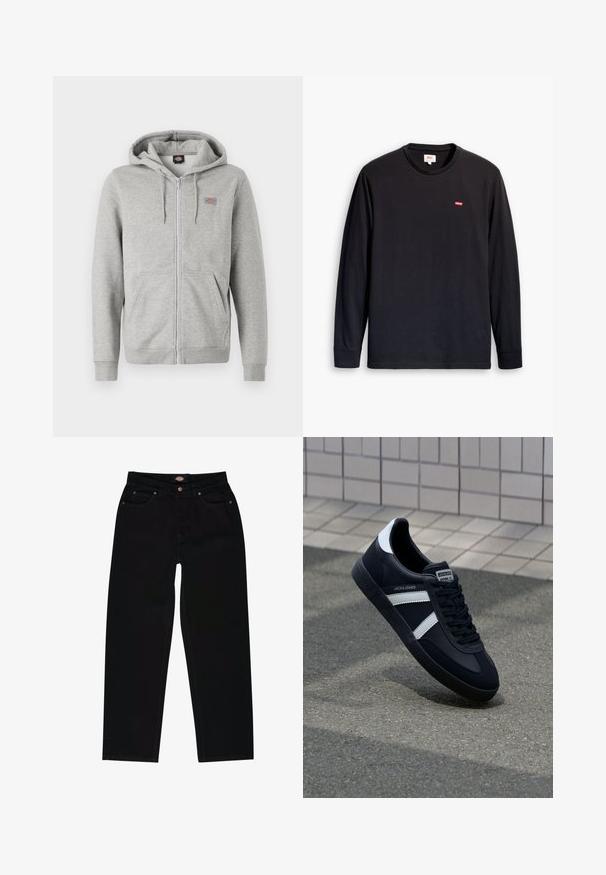 Grå zip-up hættetrøje lavet af blød bomuldsblanding. Har snoretræk i hætten, to forlommer og et lille logo på brystet.; Sort langærmet t-shirt lavet af bomuld. Har rund halsudskæring og et lille rødt logo på brystet. Glat tekstur, almindelig pasform.; Sorte denim jeans med lige pasform, der har fem lommer, brun syning og lynlåslukning. Glat tekstur og holdbart materiale.; Sort lædersneaker med hvide striber, tekstureret gummisål og snørrebånd foran. Har et brandet mærke på tungen.