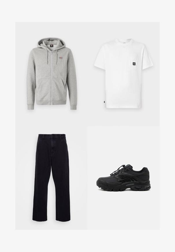 Sudadera con cremallera en color gris, hecha de una suave mezcla de algodón. Presenta un capucha con cordón, dos bolsillos frontales y un pequeño logo en el pecho.; Camiseta blanca de algodón con cuello redondo, mangas cortas y un bolsillo en el pecho con un parche de logo negro. Textura suave, ajuste relajado.; Pantalones de mezclilla negros con un diseño de pierna recta, que cuentan con un cierre de botón y cremallera, presillas para cinturón y detalles de costura mínimos.; Zapatilla deportiva negra con tejido texturizado, suela gruesa y acolchada, ventilaciones y cierre con cordones, mostrada de lado sobre un fondo claro.