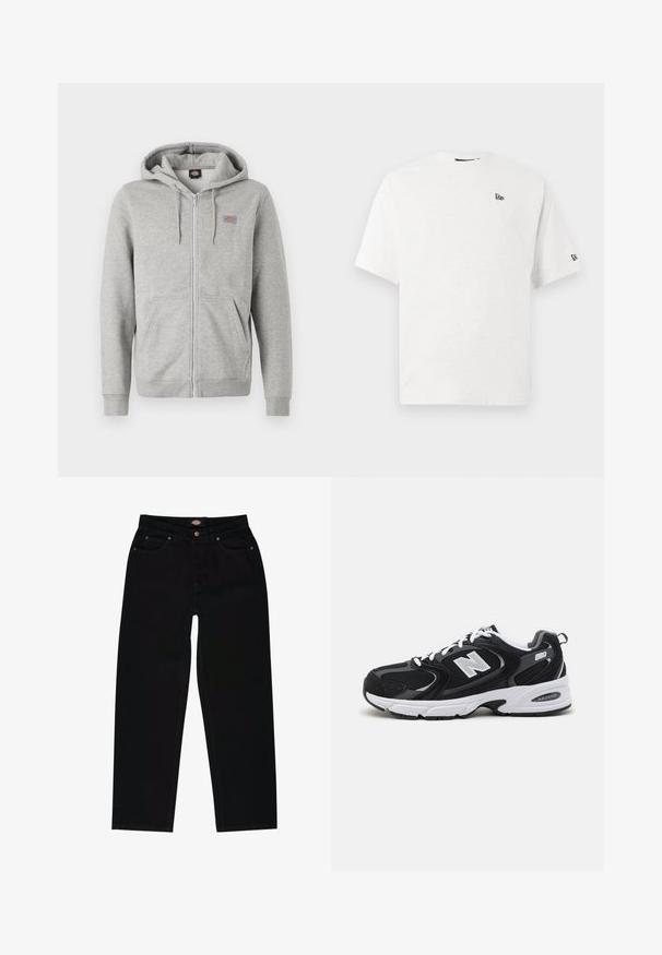 Sudadera con cremallera en color gris, hecha de una suave mezcla de algodón. Presenta un capucha con cordón, dos bolsillos frontales y un pequeño logo en el pecho.; Camiseta blanca de algodón con mangas cortas, cuello redondo y un pequeño logo negro en el lado izquierdo del pecho y la manga derecha.; Vaqueros de mezclilla negra con corte recto, que cuentan con cinco bolsillos, costuras marrones y cierre de cremallera. Textura suave y material duradero.; Zapatillas deportivas en negro y gris con parte superior de malla y ante, que cuentan con una entresuela blanca, cordones y un llamativo logo "N" en el lateral.
