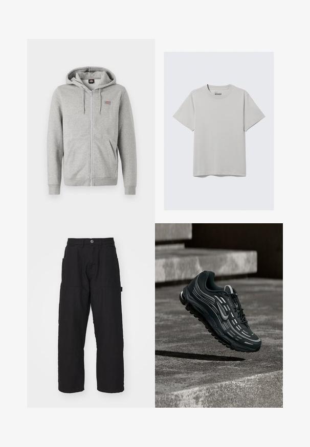 Sudadera con cremallera en color gris, hecha de una suave mezcla de algodón. Presenta un capucha con cordón, dos bolsillos frontales y un pequeño logo en el pecho.; Camiseta de algodón gris claro con cuello redondo y mangas cortas, que presenta un diseño minimalista y un corte relajado. Sin estampados ni acentos.; Pantalones cargo negros con corte recto, que cuentan con múltiples bolsillos y cierre de botón. Fabricados en un tejido de algodón resistente con costuras visibles.; Zapatilla Nike Air Max negra y gris flotando sobre escalones de hormigón gris con fondo de suelo texturizado.