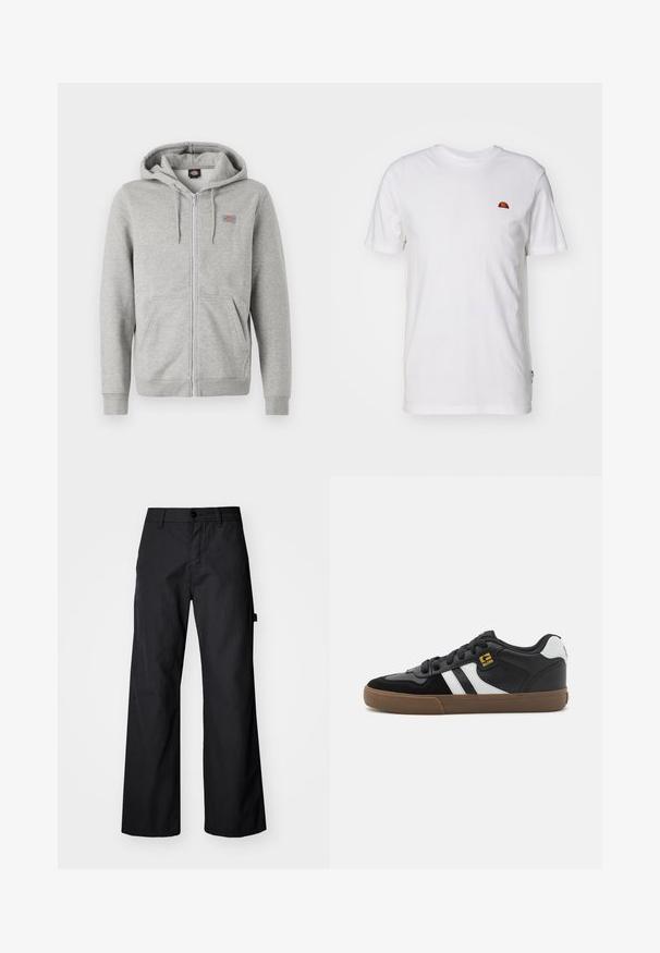 Sivý zipsový hoodie vyrobený z mäkkej bavlnenej zmesi. Obsahuje kapucňu so šnúrou, dve predné vrecká a malé logo na hrudi.; Biela bavlnená tričko s krátkymi rukávmi a okrúhlym výstrihom. Obsahuje malé farebné logo na ľavej strane hrude. Mäkká textúra.; Čierne, široké nohavice vyrobené z odolného materiálu. Obsahujú zapínanie na gombík a bočné vrecká. Hladká textúra s čistým dizajnom.; Čierno-biele tenisky s vrchnou časťou z semišu a kože, so skupinou bielych pruhov, čiernymi šnúrkami a hnedou gumovou podrážkou. Zlato zdobené logo.