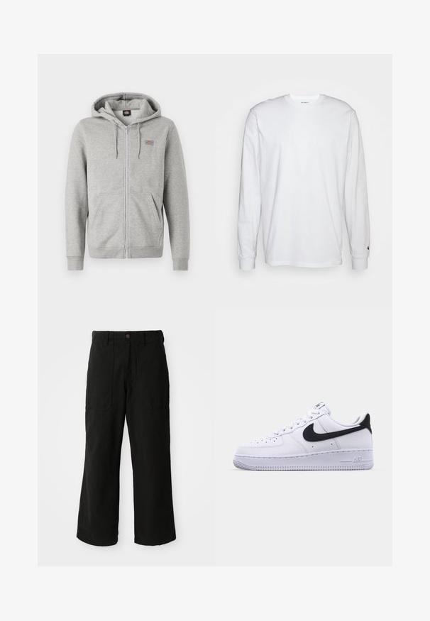 Sivý zipsový hoodie vyrobený z mäkkej bavlnenej zmesi. Obsahuje kapucňu so šnúrou, dve predné vrecká a malé logo na hrudi.; Biela dlhá bavlnená tričko s dlhým rukávom. Dizajn s okrúhlym výstrihom a rebrovanými manžetami, malá nášivka na ľavom rukáve. Hladká textura.; Čierne nohavice s širokými nohavicami vyrobené z mäkkej látky, s prednými vreckami a zapínaním na gombík v páse. Minimalistický dizajn bez viditeľných vzorov.; Biele kožené tenisky s textúrovaným čiernym Swooshom, plochými šnúrkami a gumovou podrážkou s ryhovaným vzorom. Na päte je embosovaný nápis "AIR".