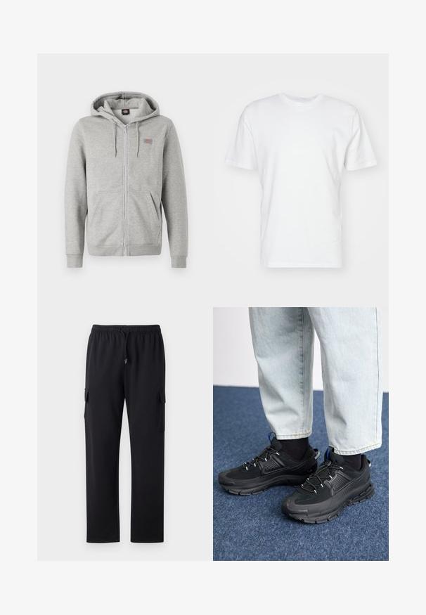 Grå zip-up hættetrøje lavet af blød bomuldsblanding. Har snoretræk i hætten, to forlommer og et lille logo på brystet.; Hvid bomulds T-shirt med korte ærmer, rund halsudskæring og en glat tekstur. Enkel design uden mønstre eller grafik.; Sorte cargo bukser med en afslappet pasform, elastisk talje og snøre. Har to sidelommer til opbevaring. Blødt stof.; Sorte træningssko med tekstureret stof og gummisåler, udstyret med elastiske snørebånd og en blå detalje på hælen. Bæres med lyse denimbukser.