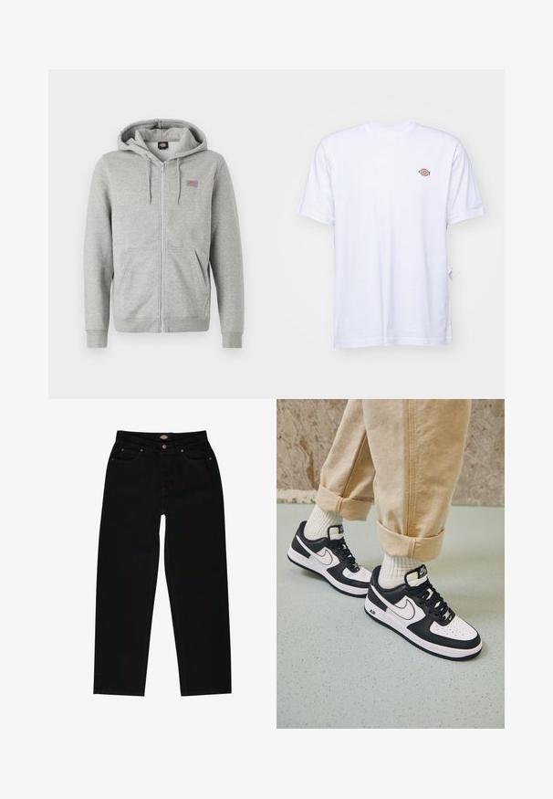 Sudadera con cremallera en color gris, hecha de una suave mezcla de algodón. Presenta un capucha con cordón, dos bolsillos frontales y un pequeño logo en el pecho.; Camiseta de algodón blanca con cuello en V y mangas cortas. Presenta un pequeño logo bordado de colores en el lado izquierdo del pecho. Textura suave.; Vaqueros de mezclilla negra con corte recto, que cuentan con cinco bolsillos, costuras marrones y cierre de cremallera. Textura suave y material duradero.; Zapatillas Nike Air Force 1 en blanco y negro con parte superior de cuero, puntera perforada y detalle de suela texturizada, combinadas con pantalones beiges remangados y calcetines blancos.
