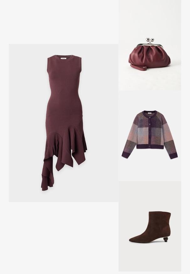Gebreide cardigan in schakeringen van paars, grijs en beige, met een geruit patroon, ronde hals en een knoopsluiting aan de voorkant.; Mouwloze getailleerde jurk in donker bordeaux met een asymmetrische zoom met gelaagde, geplooide ruches.; Donkerbruine suède enkellaars met puntige neus en lage ronde decoratieve hak op een effen lichte achtergrond.; Kleine bordeauxrode leren clutch-portemonnee met zilverkleurige metalen sluiting en polsbandje op een witte achtergrond.