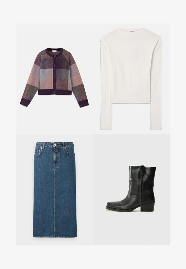 Strik cardigan i nuancer af lilla, grå og beige, med et ternet mønster, rund hals og lukning med knapper foran.; Hvid langærmet top lavet af bomuld, med en simpel rund hals og en slim fit. Stof er glat med en let stræk.; Mørkeblå denim midi-nederdel med lige skæring, forlommer og hardware i kobberfarve. Har stikninger langs sømmene og knaplukning.; Sort læder ankelstøvle med rundt tå, blokhæl, lynlås i siden og stikninger på vampsiden. Glat tekstur, klassisk design.