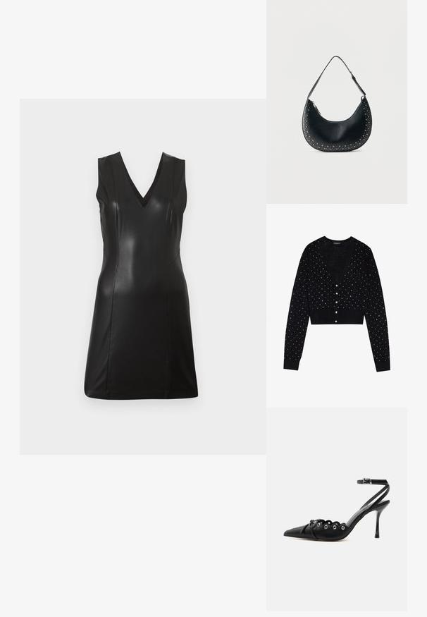 Even&Odd by Zalando Gilet - black; Robe noire sans manches en simili cuir avec décolleté en V et coutures ajustées, longueur genoux, sur un fond clair uni.; Chaussure à talon haut noire à bout pointu, bords festonnés, œillets métalliques, lacets à l'avant et bride de cheville avec fermeture à boucle.; Sac bandoulière croissant en cuir noir avec des clous argentés le long des bords et une sangle ajustable sur fond blanc.