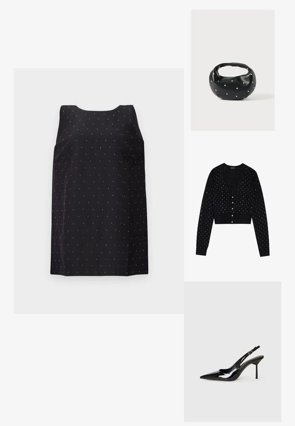 Even&Odd by Zalando Kardigan - black; Musthave musta ilma varrukatega kleit ümmarguse kaelusega, millel on kangas pisikesed läikivad hõbedased täpid.; Must värviline lakknahast terava nina ja kõrge kontsaga slingback king, millel on õhuke rihm ja kuldne võtmehoidja, valgel taustal.; Mustast nahast ümmarguse kujuga käekott, kaunistatud hõbedaste naeladega, lühikese sangaga. Sile tekstuur ja tõmblukuga sulgemine.