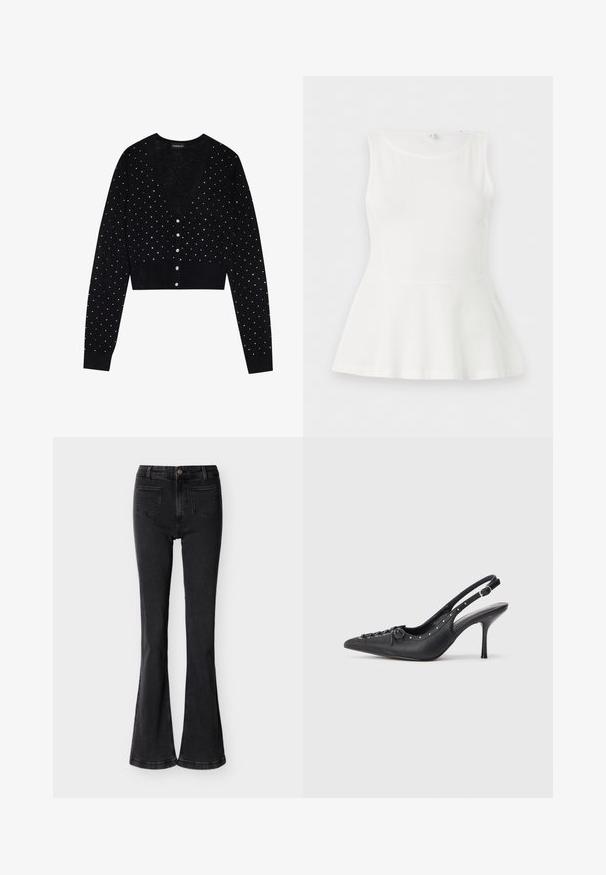 Even&Odd Gilet - black; Haut blanc sans manches avec basque, encolure ronde et taille cintrée, présenté à plat sur un fond blanc uni.; Jean flare noir taille haute avec poches avant, passants de ceinture, fermeture à bouton et coutures visibles sur un fond clair uni.; Escarpin en cuir noir à talon aiguille avec un bout pointu, une bride latérale à boucle, des clous le long du bord et un laçage décoratif à l'avant.