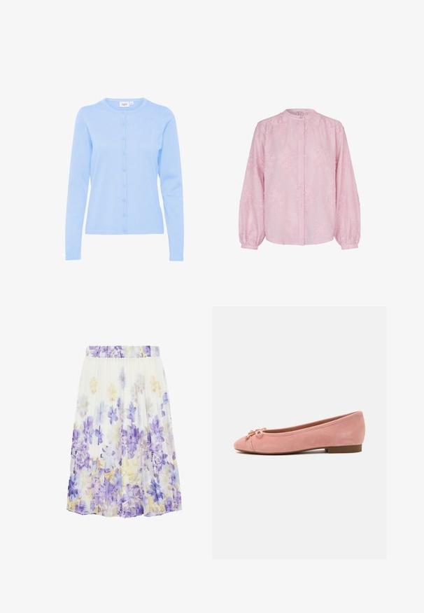 Lichtblauwe lange mouwen cardigan van een zachte breiselstof, met een ronde halslijn en een knoopsluiting met bijpassende knopen.; Lichtroze blouse met lange mouwen, geborduurde bloemenpatronen, geplooide manchetten en een ronde halslijn met knoopsluiting.; Witte geplooide rok met een bloemenpatroon in tinten paars, blauw en lichtgeel, met een elastische tailleband.; Zachte roze suède ballerina met een klein strikje en gouden detail op de afgeronde neus, lage hak en gladde zool.
