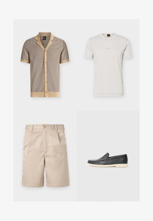 Chemise en maille beige et marron à manches courtes avec un motif géométrique, patte de boutonnage devant, col et poignets contrastants.; T-shirt à manches courtes couleur blanc cassé avec col rond et logo "BOSS" discret sur la poitrine, accompagné d'une étiquette noire au col portant l'inscription "BOSS" en orange.; Short beige longueur genou avec fermeture avant bouton et zip, passants pour ceinture et poches latérales.; Mocassin noir en cuir à enfiler avec semelle beige, positionné en suspension près d'un porte-revues en fil métallique sur un sol en terrazzo.