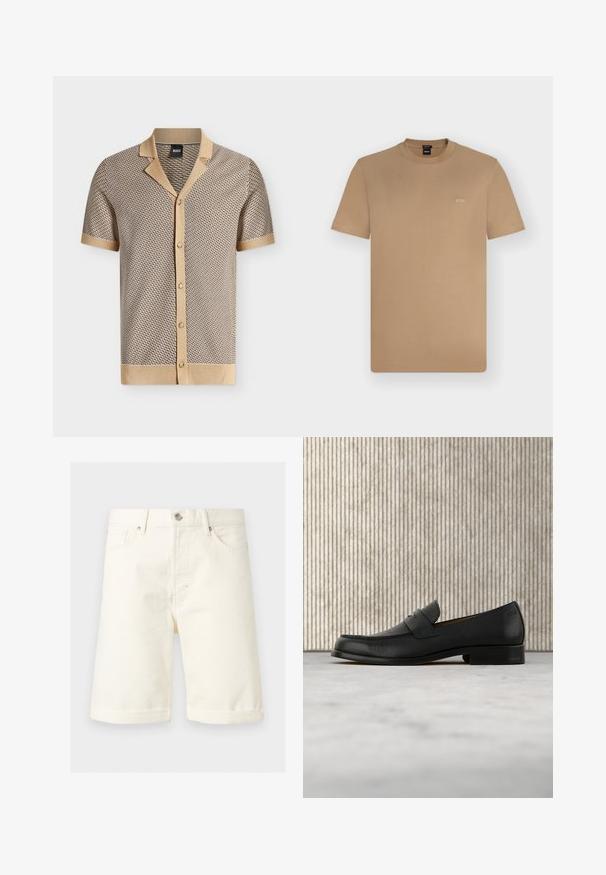 Chemise en maille beige et marron à manches courtes avec un motif géométrique, patte de boutonnage devant, col et poignets contrastants.; T-shirt marron clair à manches courtes et col rond avec petit logo blanc "BOSS" sur la poitrine gauche, présenté sur un fond uni clair.; Short en denim couleur crème jusqu'aux genoux avec poches avant, passants de ceinture, fermeture par bouton et ourlets retournés.; Mocassin en cuir noir flottant au-dessus d'un tapis beige avec une table ronde brune brillante en arrière-plan.