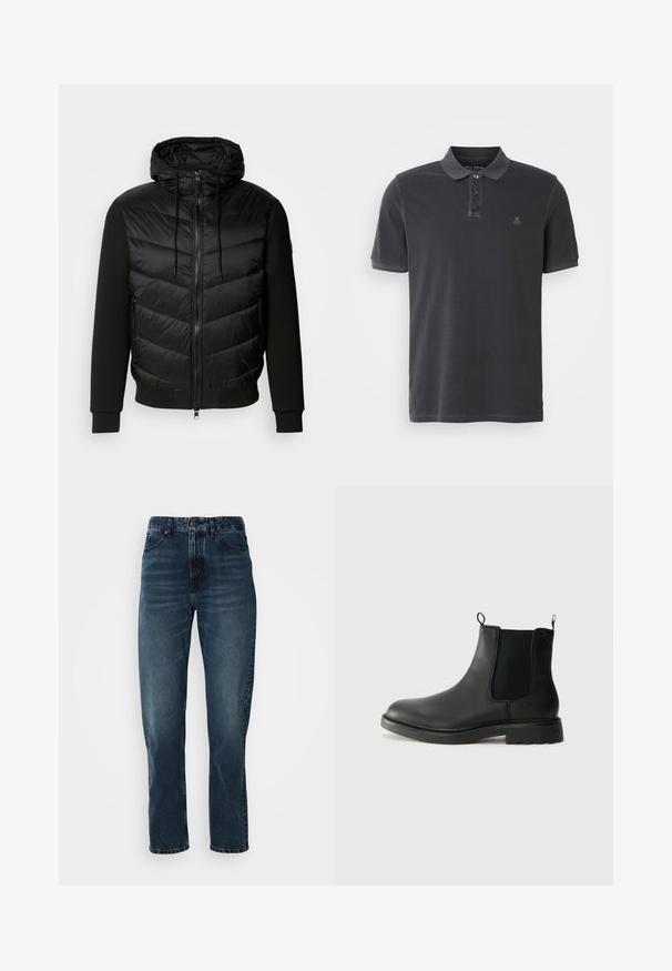 Zwarte jas met een puffy gewatteerde voorkant en zachte stoffen mouwen. Voorzien van een capuchon, een volledige rits en zijzakken.; Donkergrijze polo shirt van katoen, met een knoopsluiting op de kraag, korte mouwen en een geborduurd logo op de linkerborst.; Donkerblauwe recht gesneden jeans met een sluiting met knoop en rits aan de voorkant, vijf-pocket ontwerp en subtiele vervaging op de dijen en knieën.; Zwarte leren chelsea boots met elastische zijpanelen, trekflappen, ronde neus en een gegoten rubberen zool. Gladde oppervlakte en stevige constructie.