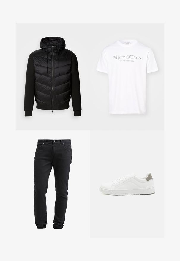 Zwarte jas met een puffy gewatteerde voorkant en zachte stoffen mouwen. Voorzien van een capuchon, een volledige rits en zijzakken.; Witte katoenen T-shirt met een ronde hals, korte mouwen en grijze opdruk met de tekst "Marc O'Polo EST. IN STOCKHOLM."; Zwarte slim-fit jeans met knoop- en ritssluiting, vijf zakken en elastische boorden bij de enkels.; Witte sneaker van glad leer met een ronde neus, minimalistisch ontwerp, grijze hielaccent en een geplaatste rubberen zool.
