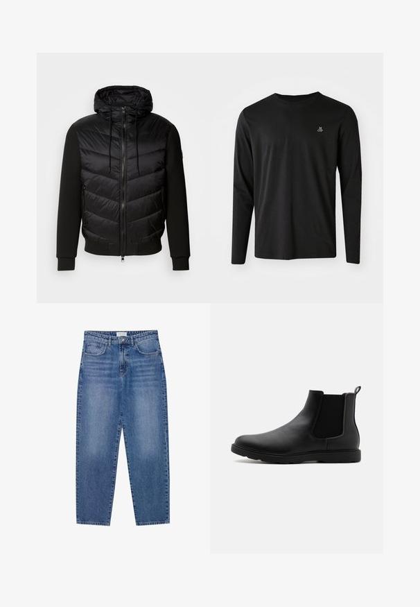 Schwarze Jacke mit einem gepolsterten, gesteppte Vorderseite und weichen Stoffärmeln. Verfügt über eine Kapuze, einen durchgehenden Reißverschluss und seitliche Taschen.; Schwarzes Longsleeve-T-Shirt aus Baumwolle mit Rundhalsausschnitt und einem kleinen weißen Logo auf der linken Brustseite. Einfaches Design.; Blaue Denim-Jeans mit hoher Taille, geradem Bein und ausgebleichtem Finish. Verfügt über fünf Taschen und einen Knopfverschluss.; Schwarze Leder-Chelsea-Stiefel mit elastischen Seitenpaneelen, einem Zugband und einer robusten Gummisohle. Glatte Textur und elegantes Design.