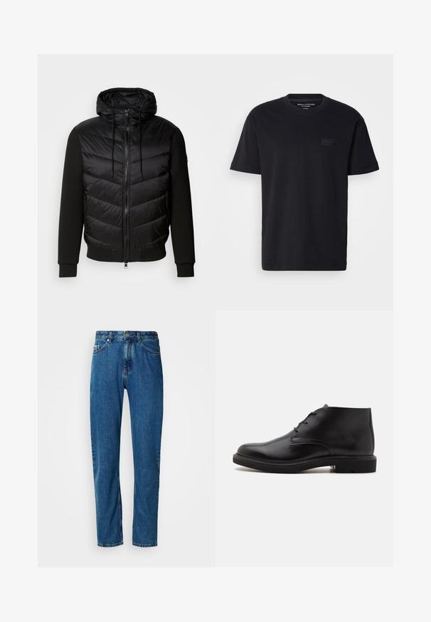 Schwarze Jacke mit einem gepolsterten, gesteppte Vorderseite und weichen Stoffärmeln. Verfügt über eine Kapuze, einen durchgehenden Reißverschluss und seitliche Taschen.; Schwarzes Baumwoll-T-Shirt mit kurzen Ärmeln und Rundhalsausschnitt sowie einem strukturierten, schwarzen Logopatch auf der Brust. Glattes, leichtes Material.; Blaue gerade geschnittene Jeans aus Denim mit fünf Taschen und vorderem Knopfverschluss vor einem weißen Hintergrund.; Schwarzer Lederknöchelstiefel mit drei Ösen, abgerundeter Spitze und flacher Sohle auf einfachem hellem Hintergrund.