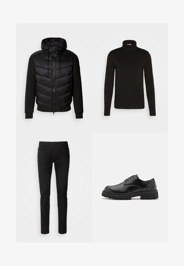 Sort jakke med en pufvet quiltet front og bløde stofærmer. Har hætte, fuld lynlås og sidelommer.; Sort turtleneck langærmet skjorte lavet af et glat stof med en tætsiddende design og en høj, tætsiddende krave. Ingen mønstre eller accenter synlige.; Sorte denimjeans med slim fit, fem lommer, lynlås og en ren, glat tekstur. Standard talje med bæltestropper.; Sorte lædersko med rund tå, snørelukning og en tykk, struktureret gummisål. Har syninger langs kanten og en glat overflade.
