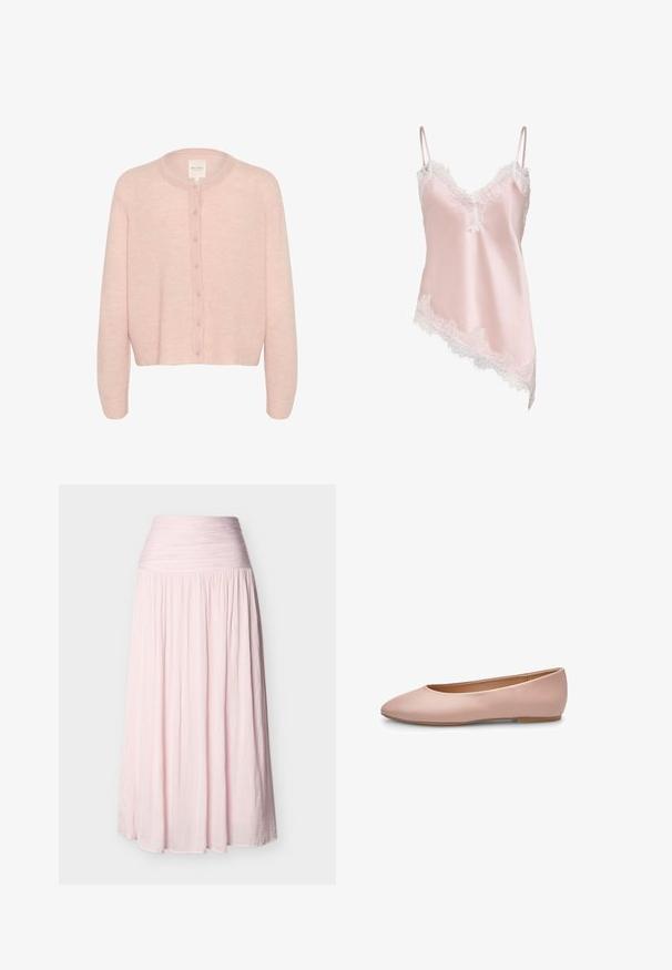 Lyserød cardigan lavet af blødt stof, med rund halsudskæring, lange ærmer og fuld knaplukning ned langs fronten.; Lyserød satin camisole med hvid blondertrim langs V-udskæringen, kant og tynde justerbare skulderstropper, med asymmetrisk kant.; Maxi-nederdel i lyserød med høj talje, rynket taljebånd og flydende, plisseret stof, der går helt ned til gulvet.; Lyserød ballerina i læder med spids tå, glat tekstur, få detaljer og en solid lys brun sål. Enkelt design uden pynt.