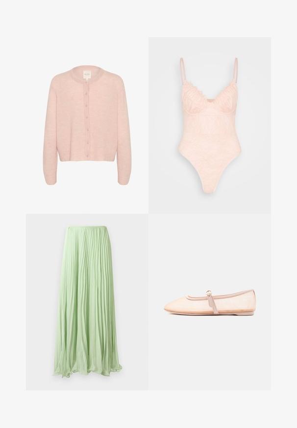 Lichtroze cardigan van zachte stof, met een ronde halslijn, lange mouwen en een volledige knoopsluiting aan de voorkant.; IN THE STYLE LINGERIE BODYSUIT - Top - rosé; Lichtgroene geplooide lange rok van lichte stof met elastische tailleband, weergegeven tegen een witte achtergrond.; Licht beige platte schoen met een puntige neus en een enkele gesp aan de zijkant, weergegeven op een effen witte achtergrond.