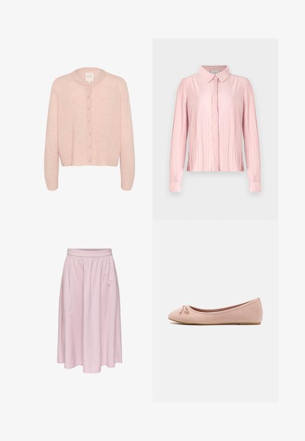 Cárdigan rosa claro hecho de una tela suave, con un escote redondo, mangas largas y un cierre completo de botones en la parte delantera.; Blusa rosa de manga larga con cuello, que presenta una textura plisada y cierre de botones en el frontal. Tejido suave con puños en contraste.; Falda de longitud hasta la rodilla en rosa claro, con cintura fruncida y tejido suave y fluido.; Bailarinas de suave ante rosa con punta redondeada y un pequeño lazo en la parte delantera, con una suela baja y plana.