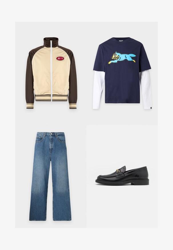 Veste zippée beige et marron avec col haut, poignets et ourlet rayés, featuring un patch rond avec un design rouge sur la zone gauche de la poitrine.; Chemise bleu marine à manches courtes superposée sur des manches longues blanches avec un grand chien bleu cartoon joueur sur la poitrine.; Jean en denim bleu à jambes évasées avec un design classique à cinq poches, fermeture à bouton à l'avant et légères décolorations pour ajouter de la texture.; Mocassins en cuir noir avec un embout rond, présentant des accents en métal doré et des détails de couture, montés sur une semelle en caoutchouc texturé et basse.