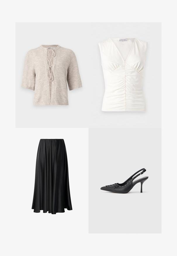 Cardigan tricoté beige clair à manches courtes, à l'avant ouvert, avec un détail à lacets au niveau du col. Texture douce, design décontracté.; Top blanc sans manches à col en V avec devant froncé et tissu légèrement extensible, marque Anna Field.; Jupe maxi noire en tissu lisse, dotée d'une taille élastique, d'une silhouette ample et d'un ourlet fluide sans motifs ni détails visibles.; Escarpin en cuir noir à talon aiguille avec un bout pointu, une bride latérale à boucle, des clous le long du bord et un laçage décoratif à l'avant.