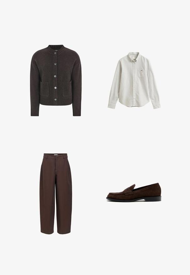 Brun strikket cardigan med rund halsudskæring, fem blå knapper, ribbet kant og to lommer foran. Blød tekstur over det hele.; Langærmet, lysegrå skjorte med knapper, tynde lodrette striber og en brystlomme med en lille broderet logo.; Mørkebrune bukser med lige ben, bæltestropper, foran lynlås og klassisk skræddersyet pasform.; Mørkebrun herre loafer i ruskind med lav hæl og mokkasinsøm, vist fra siden på hvid baggrund.