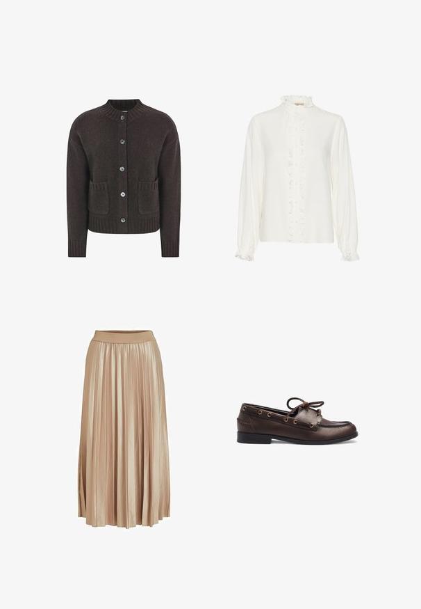 Brun strikket cardigan med rund halsudskæring, fem blå knapper, ribbet kant og to lommer foran. Blød tekstur over det hele.; Hvid bluse med flæsefront, høj hals og lange ærmer. Lavet af et glat stof med knaplukninger ned gennem midten.; Plisseret midi-nederdel i lys beige satinmateriale. Har et bredt, elastisk taljebånd og elegante lodrette folder over hele længden.; Herres mørkebrune læder bådsko med moc tå-syning, snørebånd foran og lav sort hæl på hvid baggrund.