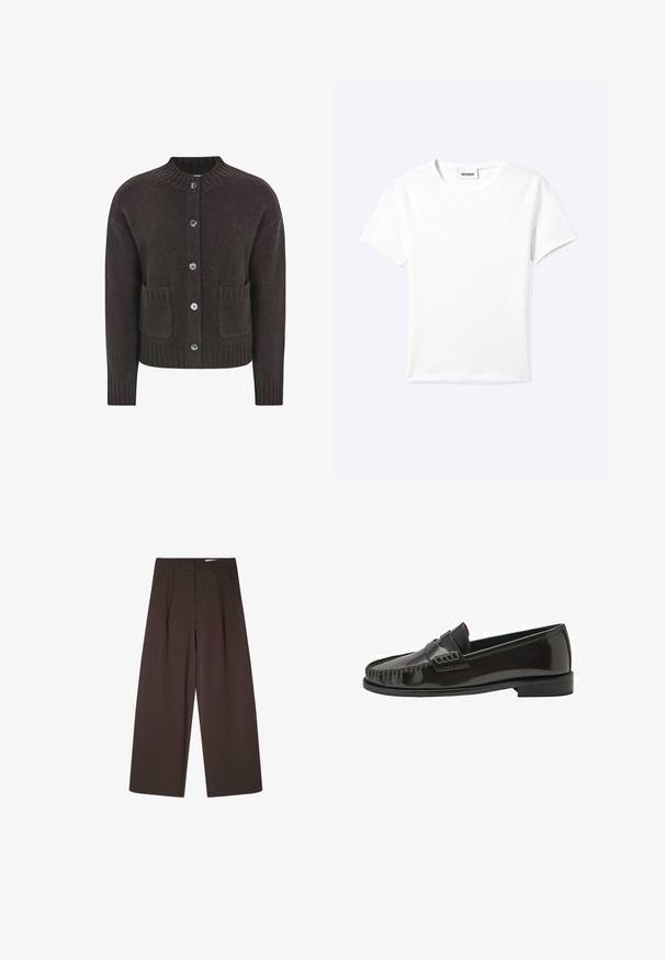 Brun strikket cardigan med rund halsudskæring, fem blå knapper, ribbet kant og to lommer foran. Blød tekstur over det hele.; Ensfarvet hvid t-shirt med korte ærmer og rund halsudskæring med en lille "WEEKDAY" label indeni halskanten, vist fladt på en lys baggrund.; Brune bukser med brede ben og lodrette nålestriber, med høj talje, plisseret front og en glat tekstur. Ingen synlige lukninger eller lommer.; Sort blank læder herre slip-on loafer med syning på moc tå og lav stablet hæl, vist i sideprofil på hvid baggrund.