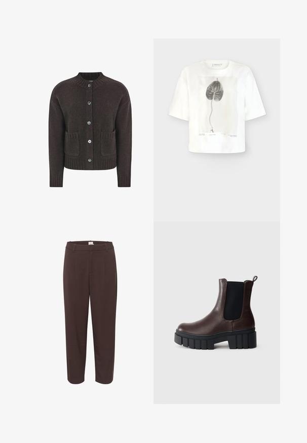 Brun strikket cardigan med rund halsudskæring, fem blå knapper, ribbet kant og to lommer foran. Blød tekstur over det hele.; Hvid crop top i bomuld med sort bladtryk på forsiden. Korte ærmer og en afslappet silhuet.; Brune bukser i skræddersyet design med en taljelinje, frontfolder og lige ben. Glat tekstur og minimal detaljer.; Brune læder ankelstøvler med elastiske sidepaneler, struktureret sort sål og en kraftig hæl. Har en kæde bagpå for nem påtagning.