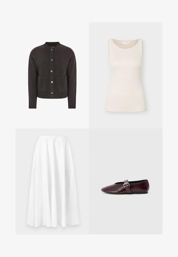 Brun strikket cardigan med rund halsudskæring, fem blå knapper, ribbet kant og to lommer foran. Blød tekstur over det hele.; Flødefarvet ribbet ærmeløs tanktop med rund halsudskæring, mærket "Moss Copenhagen" synligt inde i kraven.; Lang hvid nederdel med høj talje og flydende, bredt udvidet kant, vist mod en ensfarvet baggrund.; Bordeaux læder ballerina sko med spidse tæer, flad sål og en dekorativ spænde-strop over vristen. Glat, blank tekstur.