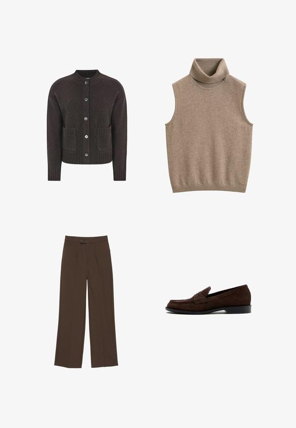 Brun strikket cardigan med rund halsudskæring, fem blå knapper, ribbet kant og to lommer foran. Blød tekstur over det hele.; Ærmeløs beige strikket polo-vest med ribkant ved hals og kant, lavet af blødt stof.; Brune bukser med lige ben med knap og lynlås foran, der har rene, skræddersyede linjer og en talje i midjehøjde.; Mørkebrun herre loafer i ruskind med lav hæl og mokkasinsøm, vist fra siden på hvid baggrund.
