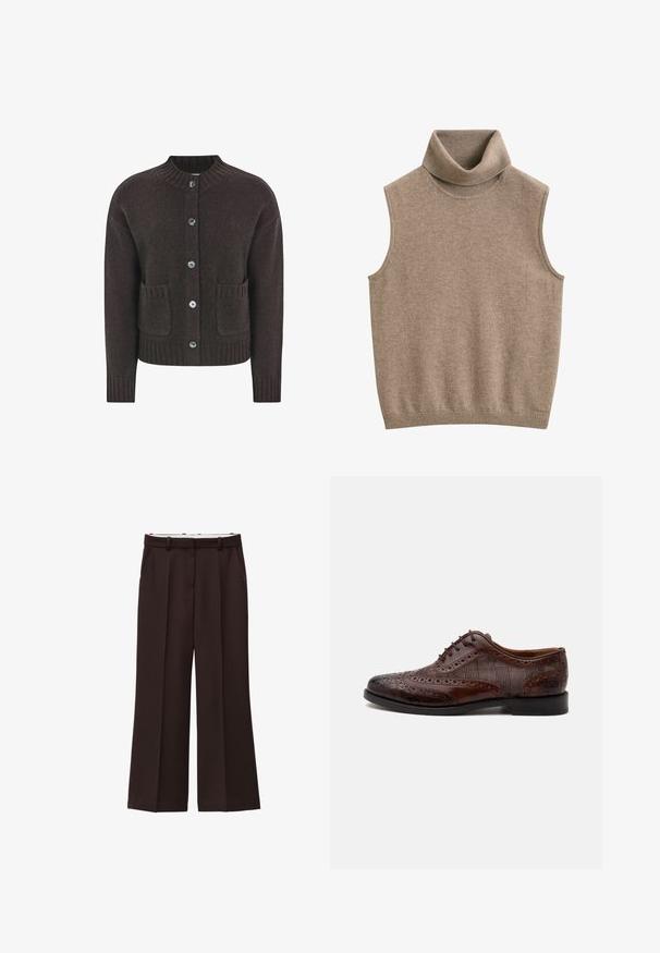 Brun strikket cardigan med rund halsudskæring, fem blå knapper, ribbet kant og to lommer foran. Blød tekstur over det hele.; Ærmeløs beige strikket polo-vest med ribkant ved hals og kant, lavet af blødt stof.; Viddebukser i mørkebrun stof, med høj talje, dobbelte læg og sidelommer. Glat tekstur med bæltestropper.; Brun læder herre wingtip selskabssko med brogue-detaljer og ternede stofsider, vist fra siden på en hvid baggrund.