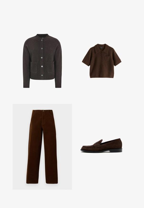 Brun strikket cardigan med rund halsudskæring, fem blå knapper, ribbet kant og to lommer foran. Blød tekstur over det hele.; Brun kortærmet, fuzzy strikket polo shirt med krave, fem knapper foran og en lille brystlomme.; Brune corduroy straight-leg bukser med forlommer, bæltestropper og knaplukning på en hvid baggrund.; Mørkebrun herre loafer i ruskind med lav hæl og mokkasinsøm, vist fra siden på hvid baggrund.