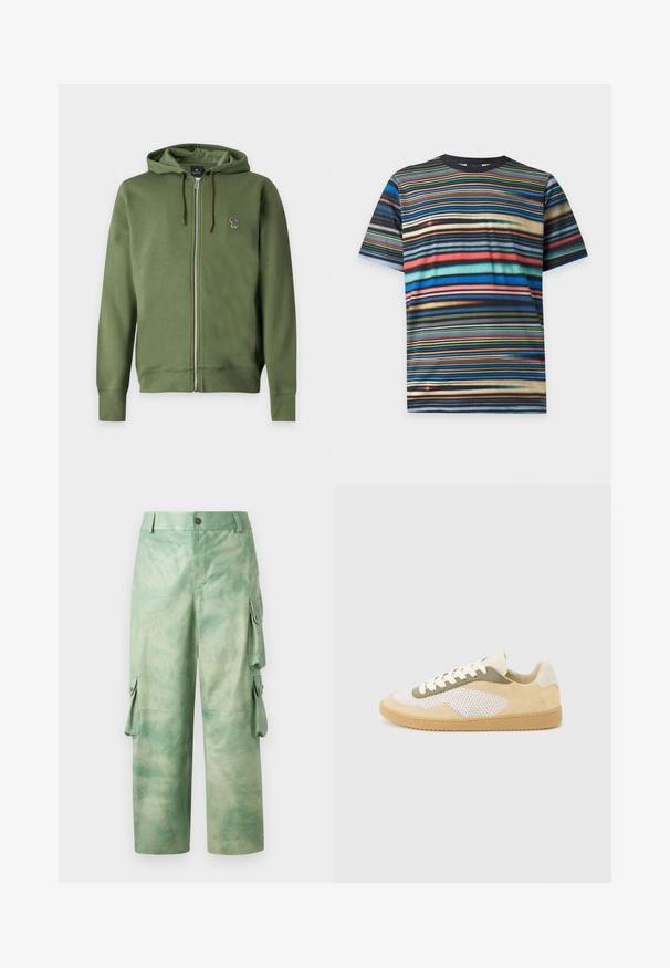 Sweat à capuche zippé vert olive avec cordons et petit logo zèbre multicolore brodé sur la poitrine gauche.; T-shirt multicolore à manches courtes avec des rayures horizontales aux nuances de bleu, rouge, orange, vert, noir et beige sur fond blanc.; Les Benjamins VINTAGE PANT - Pantalon en cuir - army green; Baskets basses en daim beige, panneaux en maille blanche, accents olive, lacets blancs et semelle en caoutchouc naturel sur fond gris clair.