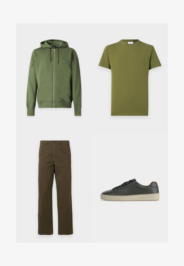 Sweat à capuche zippé vert olive avec cordons et petit logo zèbre multicolore brodé sur la poitrine gauche.; T-shirt manches courtes de couleur vert olive, fabriqué en tissu doux et lisse. Col rond classique, lignes épurées, sans motifs ni accents visibles.; Pantalons en coton marron pour hommes, coupe droite, avec passants de ceinture, bouton frontal et fermeture éclair sur fond clair.; Baskets basses en cuir noir avec lacets noirs et semelle en caoutchouc écrue, vues de côté extérieur sur fond blanc.