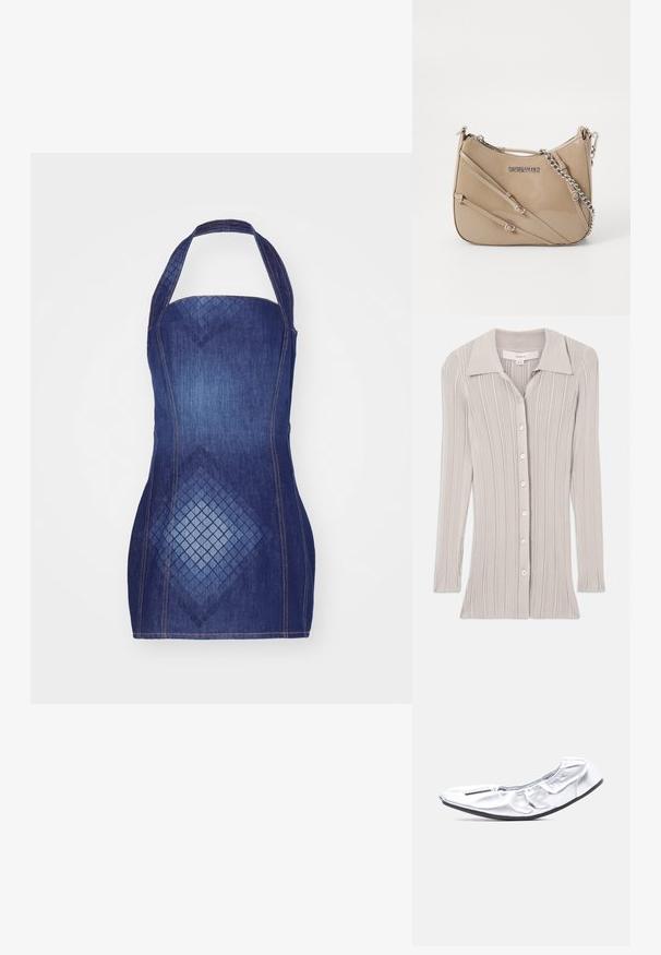 Hellgrau gestreifter Cardigan mit langen Ärmeln, einem Umschlagkragen und sechs runden Knöpfen auf der Vorderseite. Texturiert mit vertikalen Linien.; Dunkelblaues Denim-Halterkleid mit taillierter Passform und Rautenmuster auf der Vorderseite. Akzentuiert mit kontrastierendem Stich.; Silberfarbener, weicher Ballerina-Schuh mit elastischem Bund und dünner schwarzer Sohle, fotografiert vor hellgrauem Hintergrund.; Beige Handtasche aus Lackleder mit geschwungener Form, ausgestattet mit drei diagonalen Riemen und einem silbernen Kettenriemen. Mit Reißverschluss und Logo-Detail.